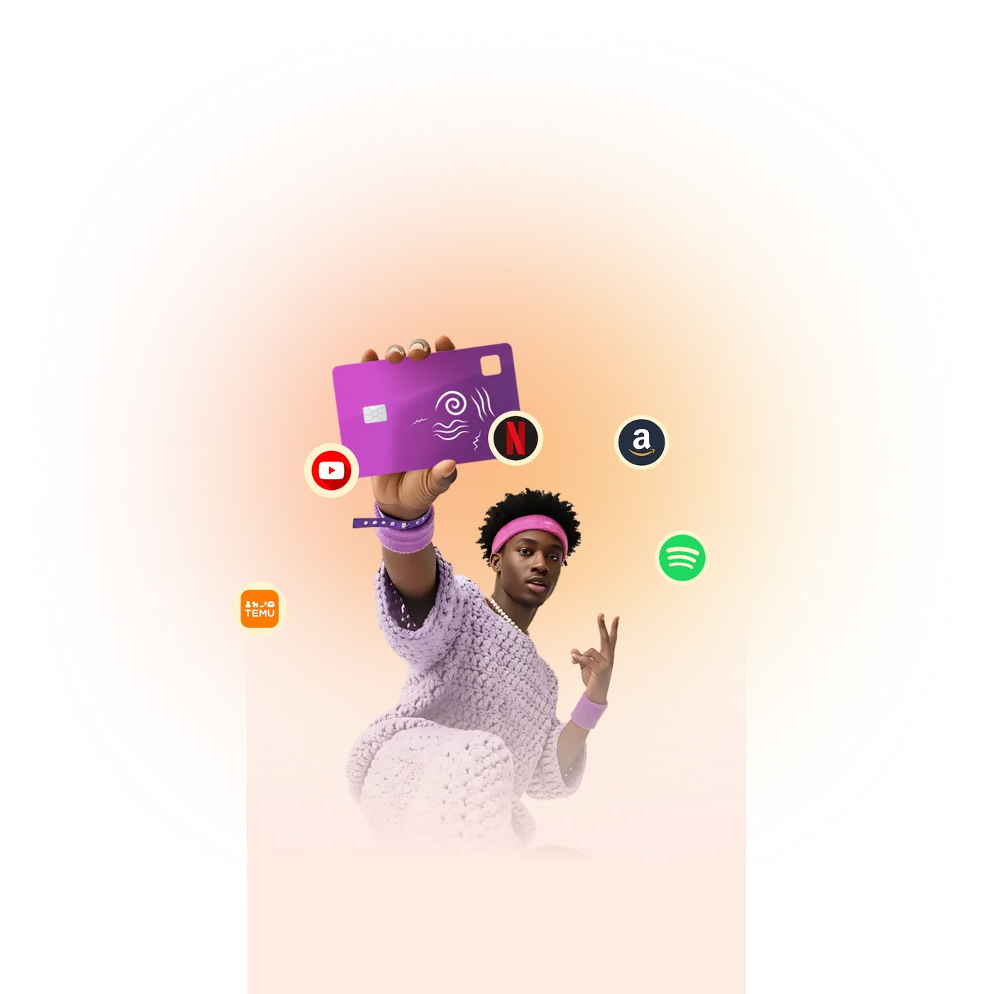 Person holding a Qash dollar card with Netflix, Amazon, YouTube, Spotify and Temu logos around them