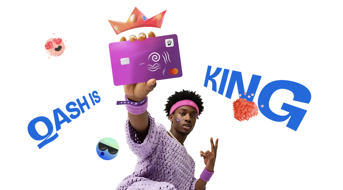 Qash is King — person holding a Qash dollar card with a crown above